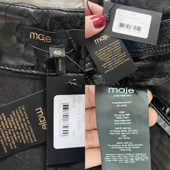 MAJE Faux Cuir Vinyl Skirt Jupe Leather Black Asymmetrical Mini Belt 40 Med NWT - Picture 5 of 11